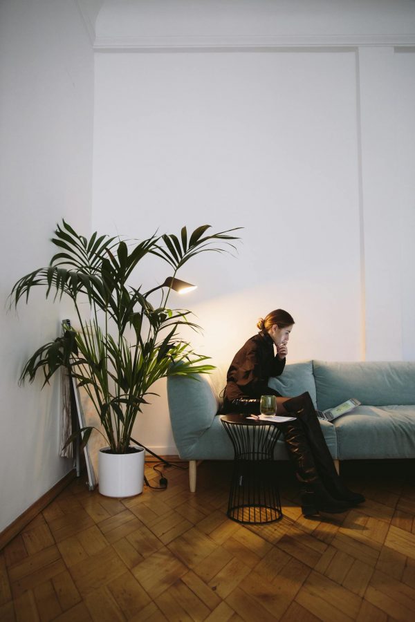 A woman sits on a sofa with a laptop, surrounded by indoor plants in a modern living room setting.